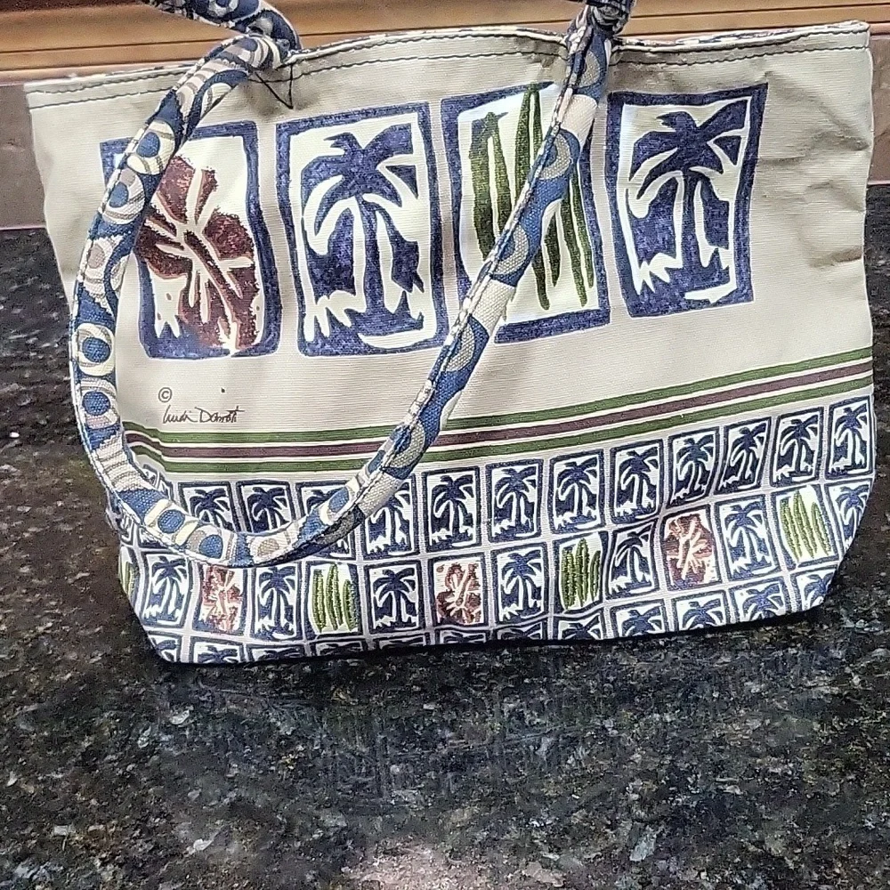 Canvas Blue, Green Tan, Orange Beach Theme Bag Purse Palm Trees, Hibiscus, Surf - Picture 2 of 14